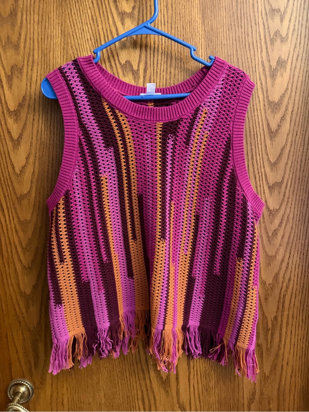 Tribal Sleeveless Knit Fringe Vest in Fuchsia, Marigold & Berry